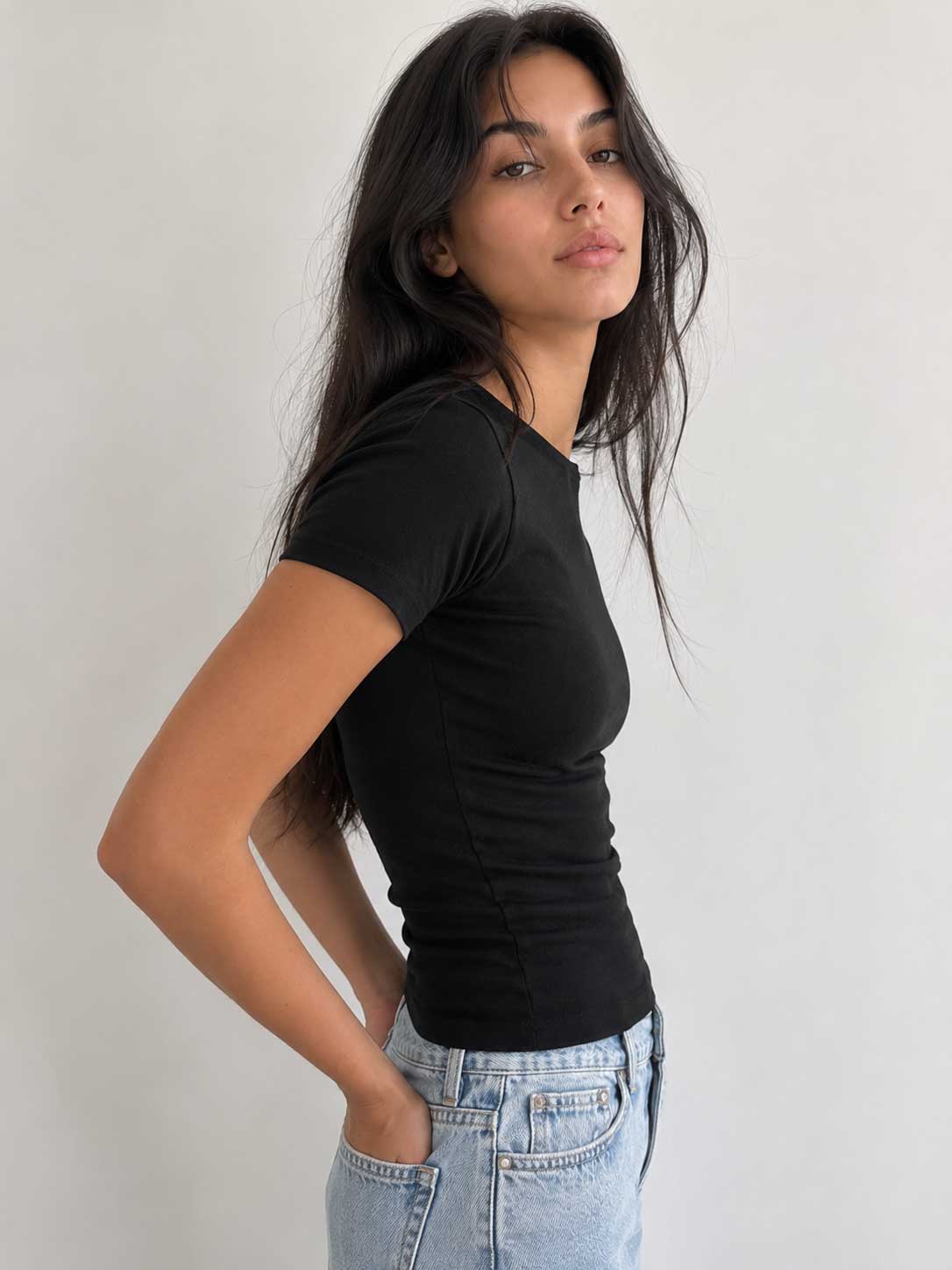 Double-Layer Fitted Short Sleeve Crew-Neck Top – Black
