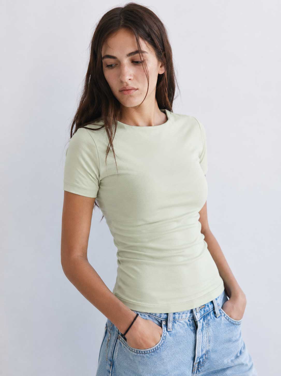 Double-Layer Fitted Short Sleeve Crew-Neck Top – Matcha