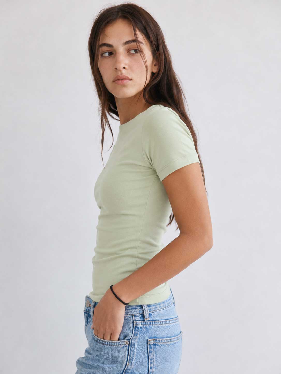 Double-Layer Fitted Short Sleeve Crew-Neck Top – Matcha
