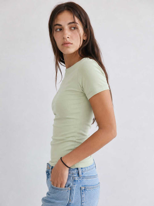 Double-Layer Fitted Short Sleeve Crew-Neck Top – Matcha Top CIZARO - Cizaro Jeans