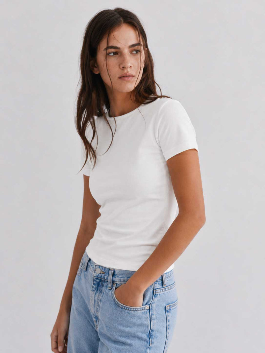 Double-Layer Fitted Short Sleeve Crew-Neck Top – White