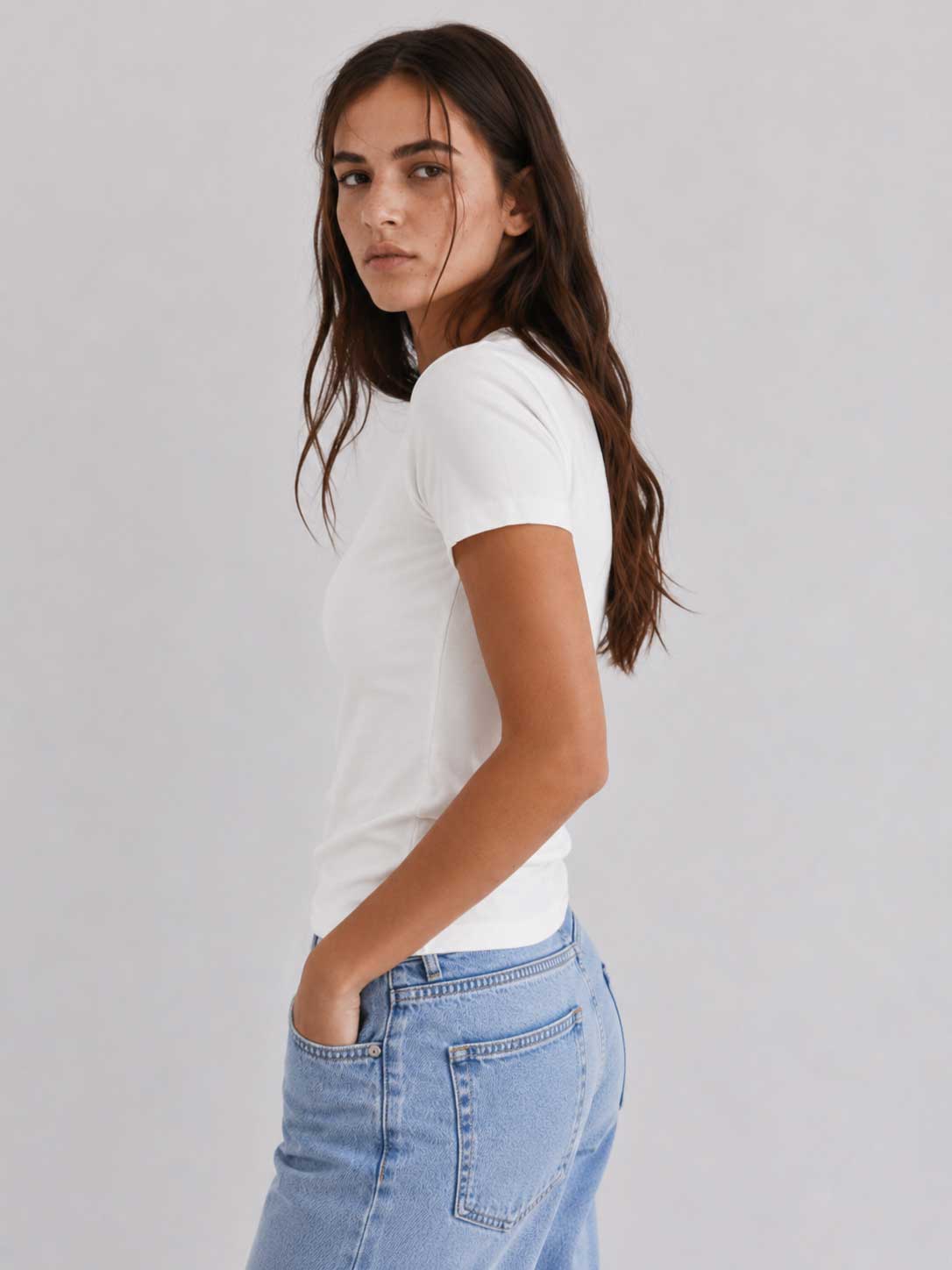 Double-Layer Fitted Short Sleeve Crew-Neck Top – White