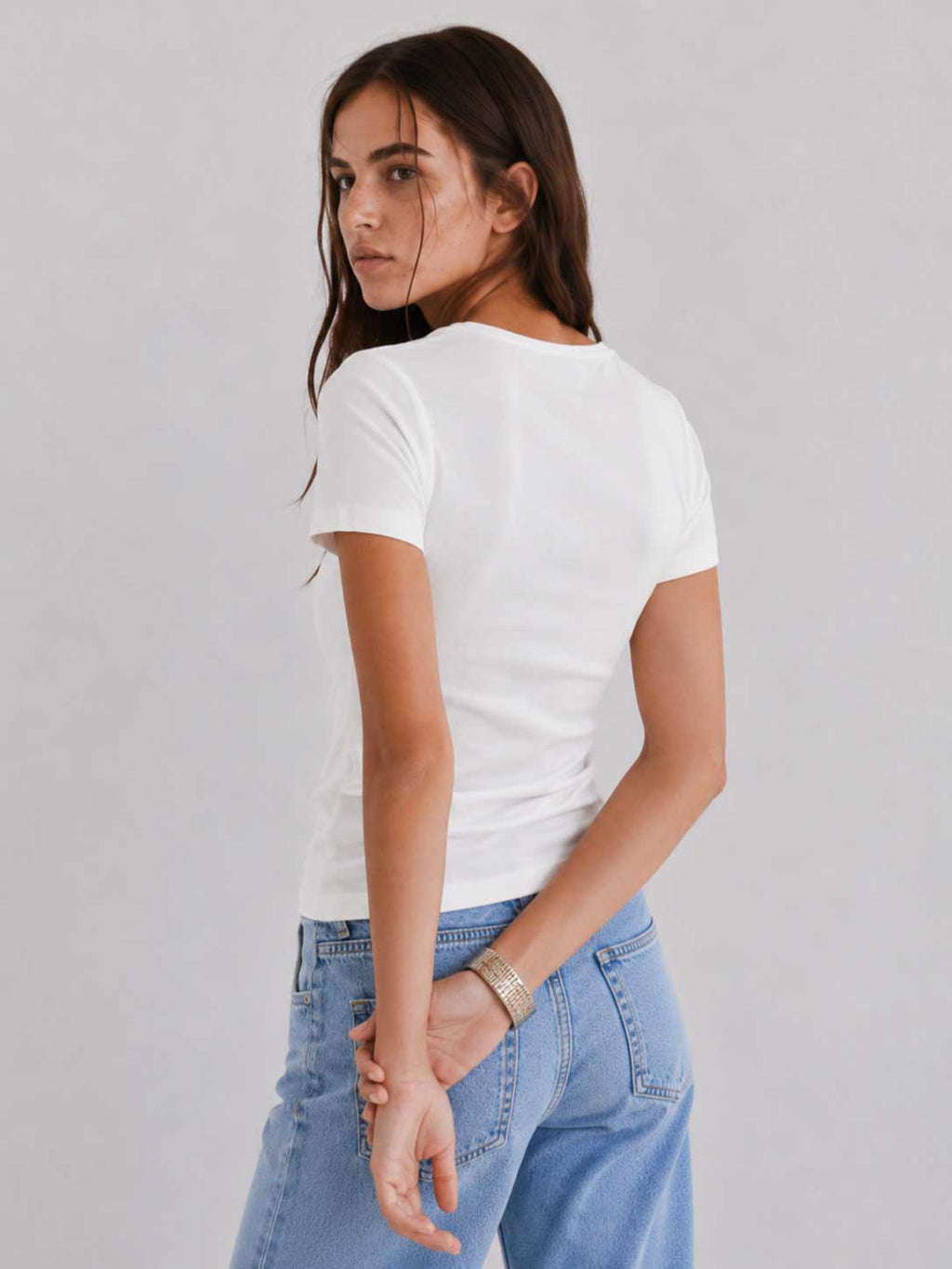 Double-Layer Fitted Short Sleeve Crew-Neck Top – White