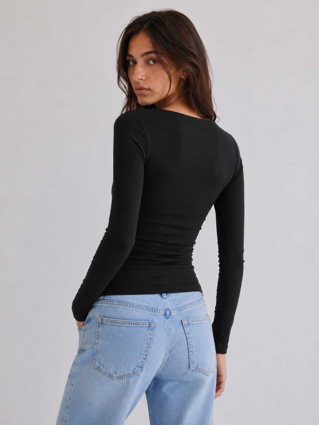 Double-Layer Fitted long Sleeve Boat-neck Top _ black