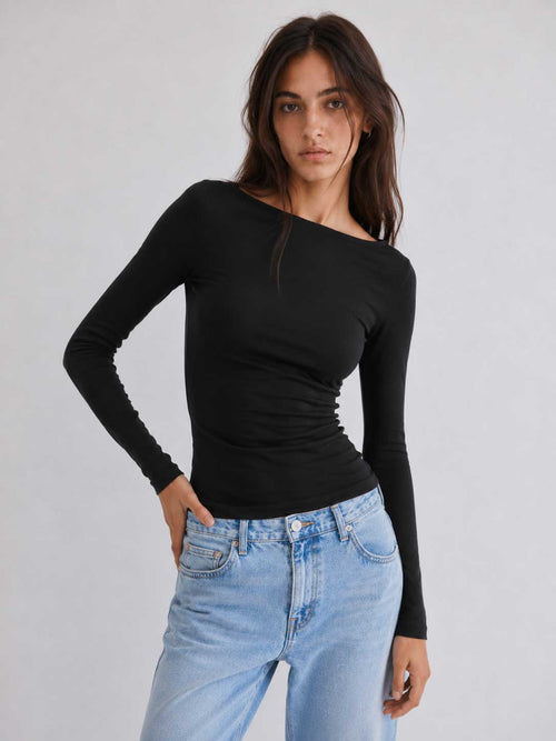 Double-Layer Fitted long Sleeve Boat-neck Top _ black