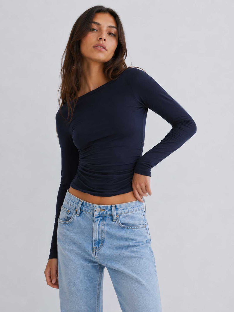 Double-Layer Fitted long Sleeve Boat-neck Top _ Navy Top CIZARO - Cizaro Jeans