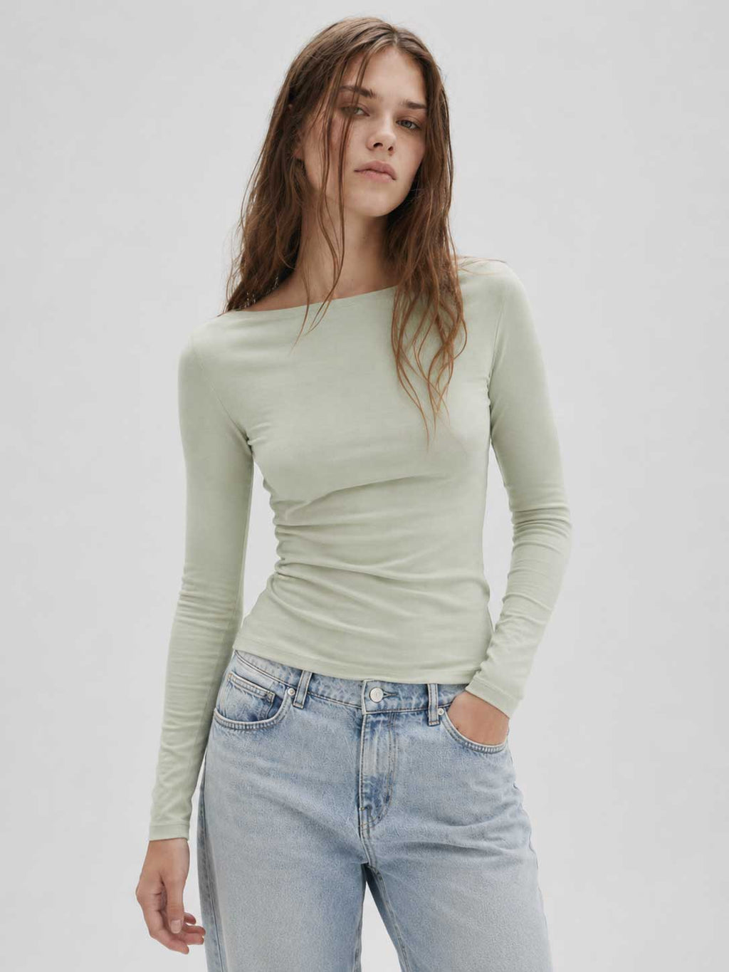 Double-Layer Fitted long Sleeve Boat-neck Top _ Matcha