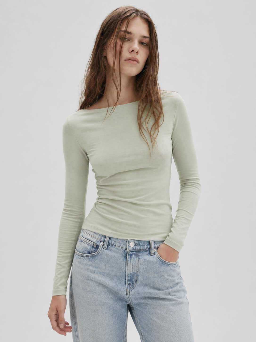 Double-Layer Fitted long Sleeve Boat-neck Top _ Matcha Top CIZARO - Cizaro Jeans