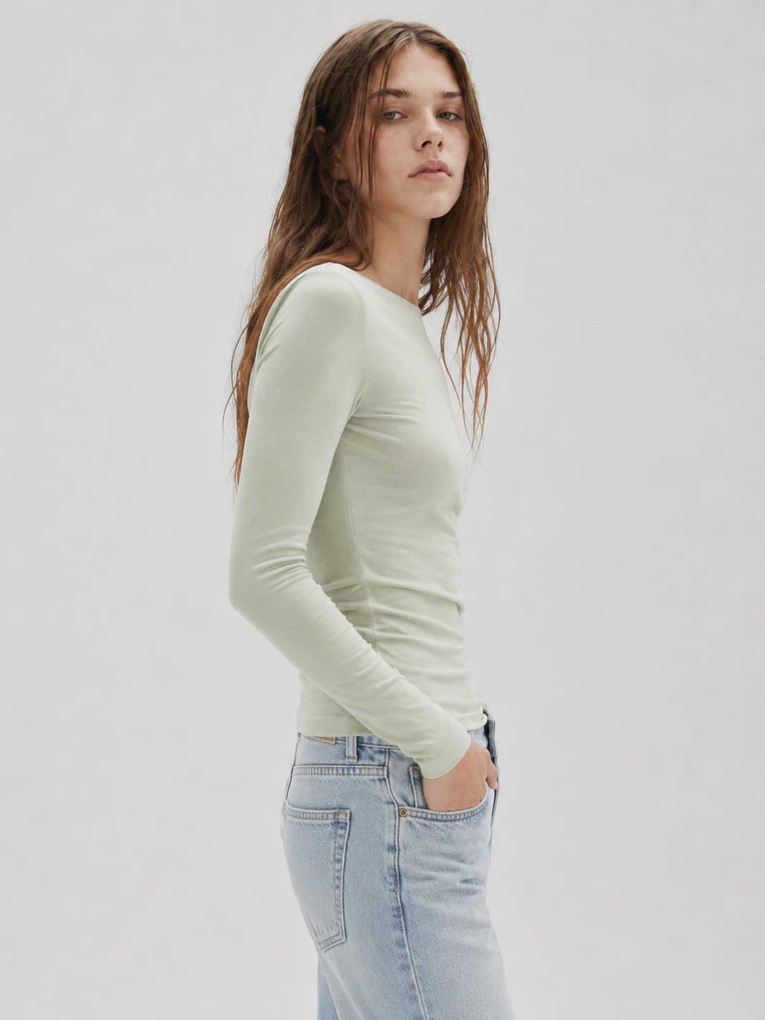 Double-Layer Fitted long Sleeve Boat-neck Top _ Matcha Top CIZARO - Cizaro Jeans