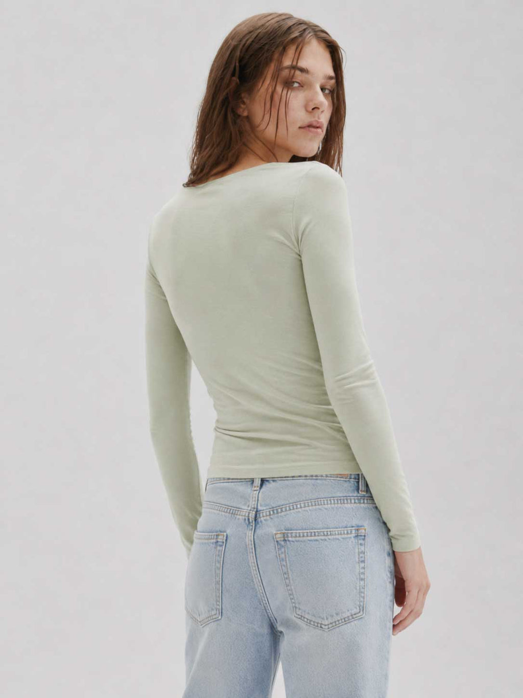 Double-Layer Fitted long Sleeve Boat-neck Top _ Matcha