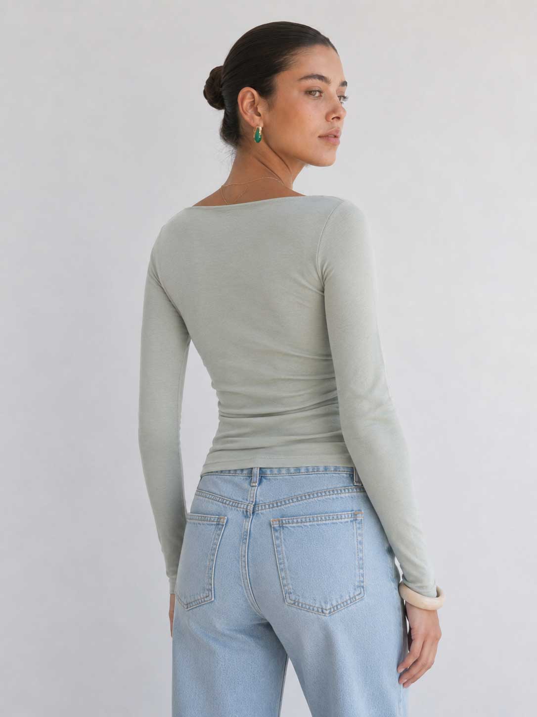 Double-Layer Fitted long Sleeve Boat-neck Top _ Mint Green Top CIZARO - Cizaro Jeans