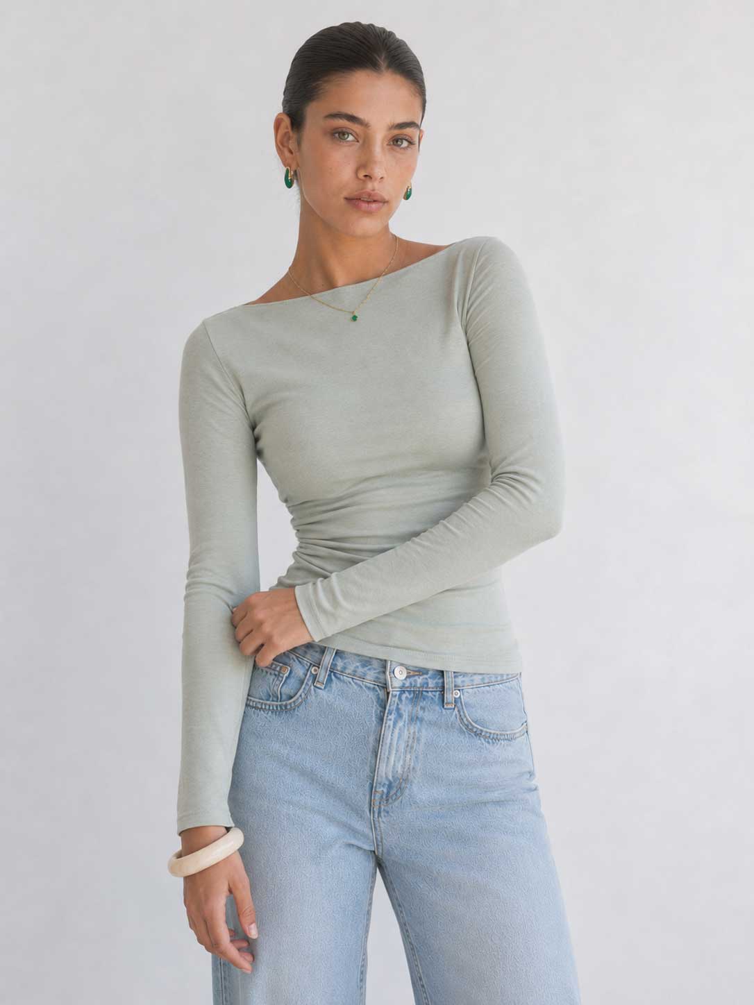 Double-Layer Fitted long Sleeve Boat-neck Top _ Mint Green