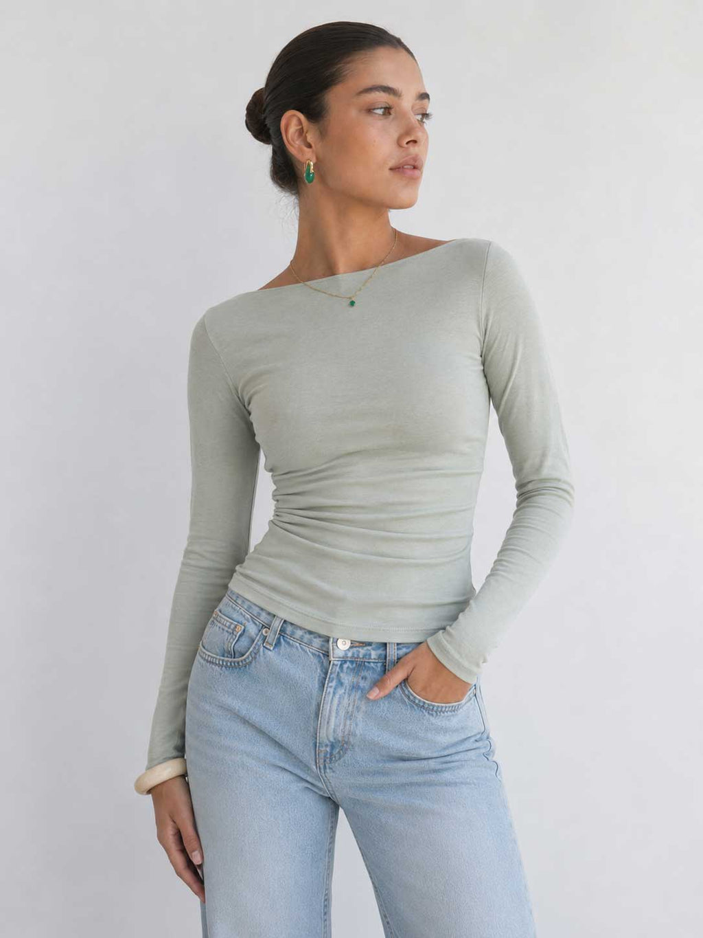 Double-Layer Fitted long Sleeve Boat-neck Top _ Mint Green