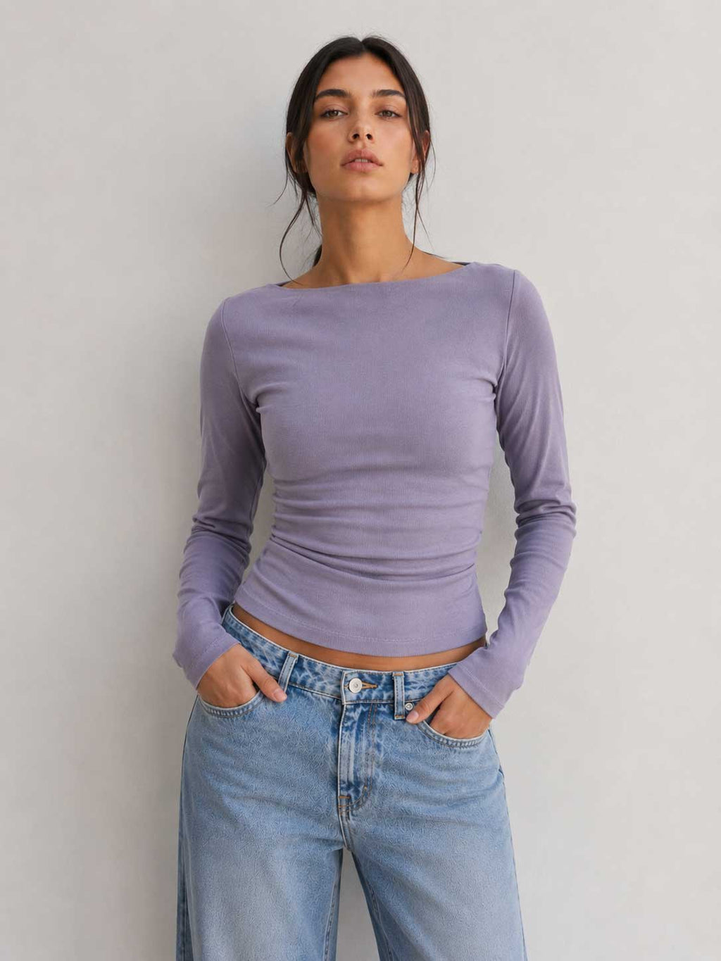 Double-Layer Fitted Long Sleeve Boat Neck Top – Mauve