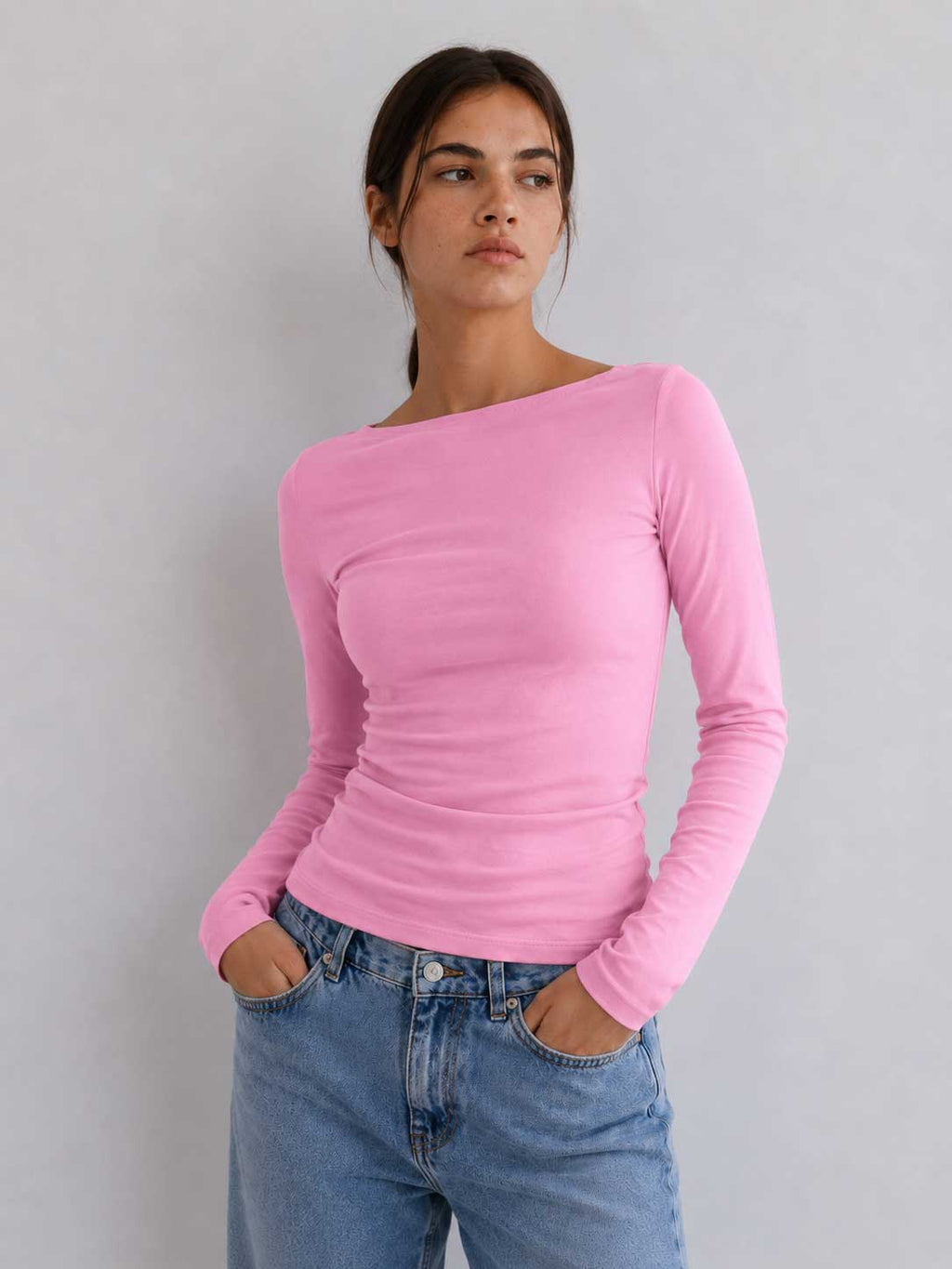Double-Layer Fitted Long Sleeve Boat Neck Top – Pink