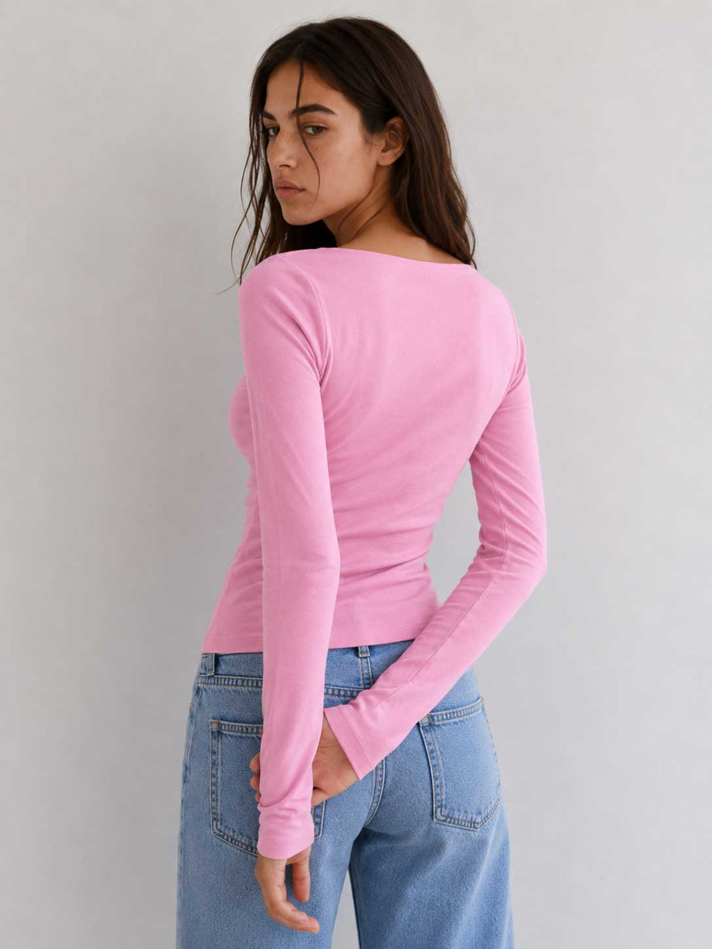 Double-Layer Fitted Long Sleeve Boat Neck Top – Pink