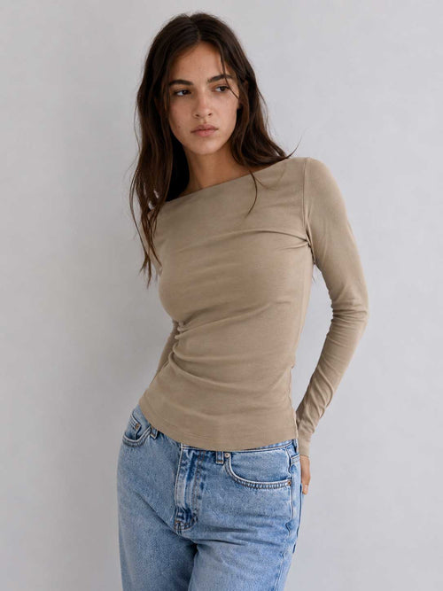 Double-Layer Fitted Long Sleeve Boat Neck Top – Stone