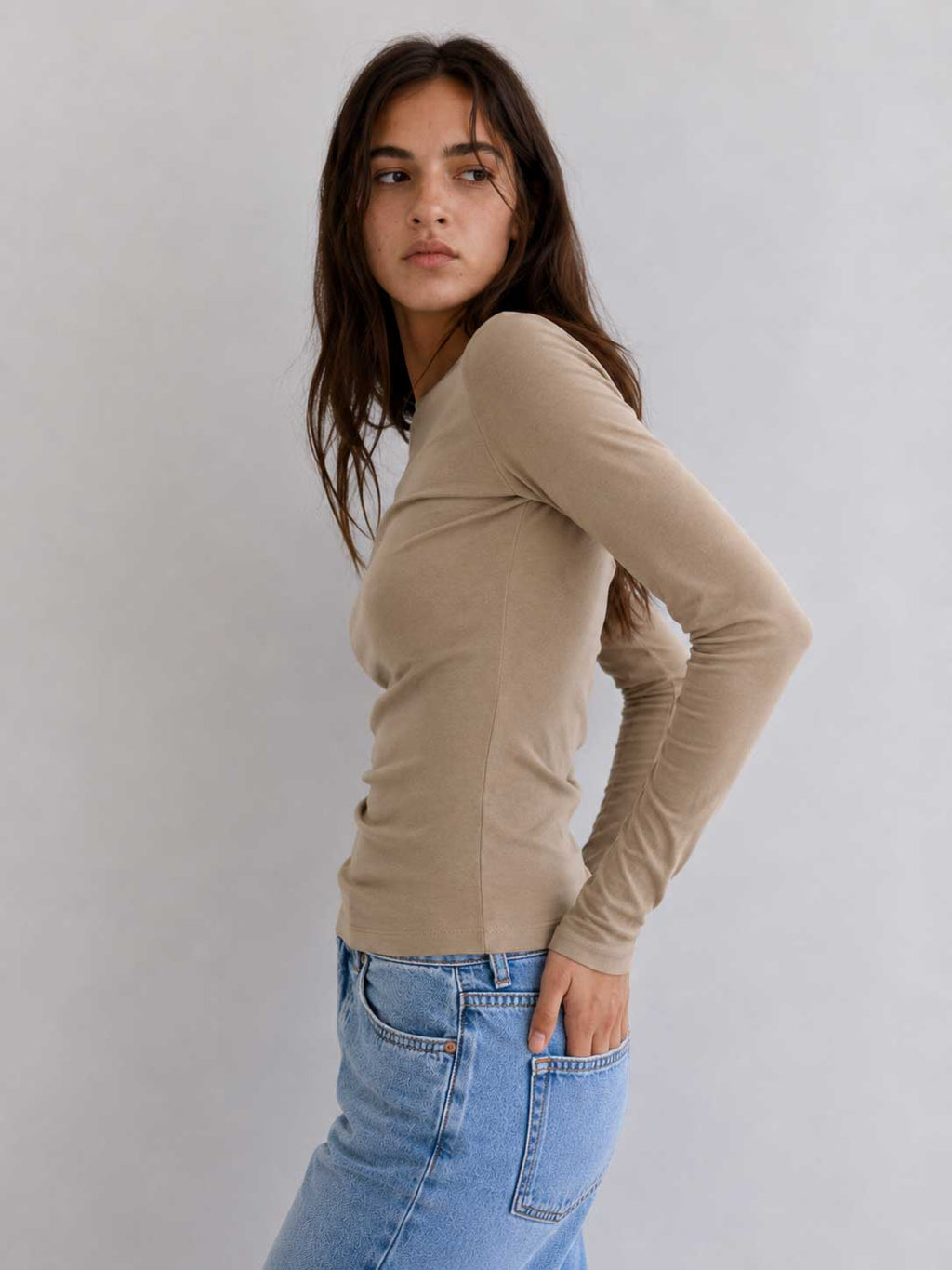 Double-Layer Fitted Long Sleeve Boat Neck Top – Stone