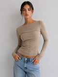 Double-Layer Fitted Long Sleeve Boat Neck Top – Stone