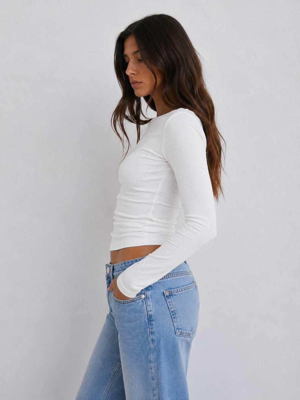 Double-Layer Fitted Long Sleeve Boat Neck Top – White