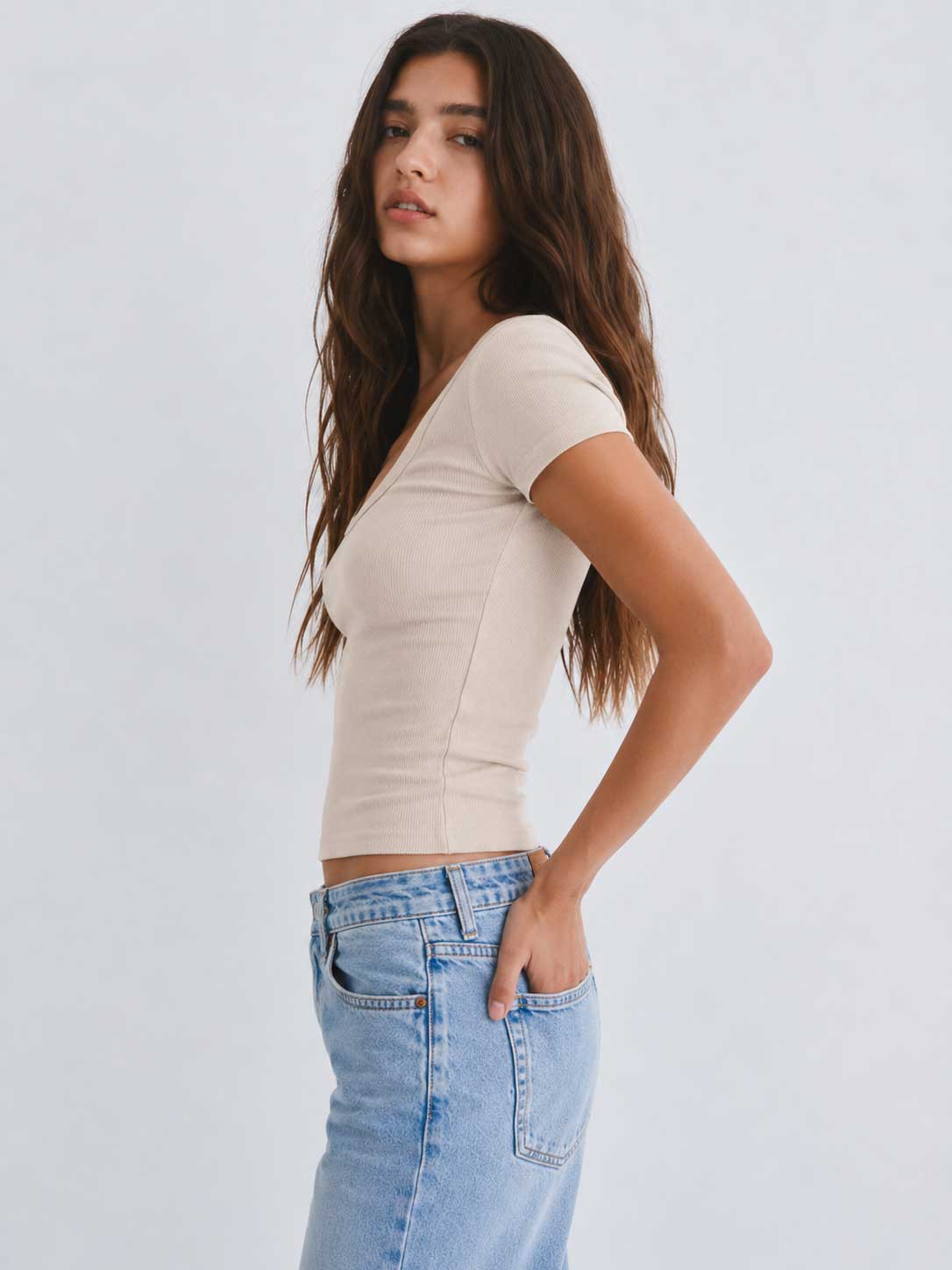 Short Sleeve U-Neck Ribbed Top – Soft Sand