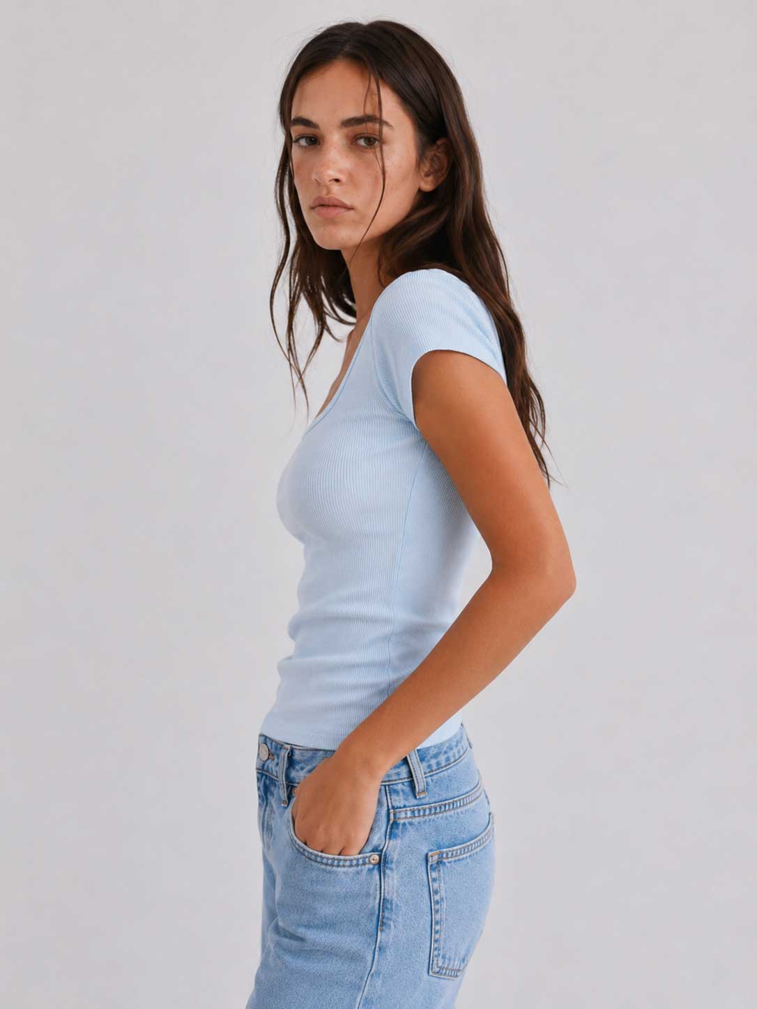 Short Sleeve U-Neck Ribbed Top – Pastel Blue