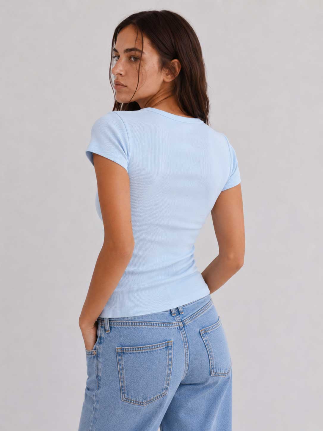 Short Sleeve U-Neck Ribbed Top – Pastel Blue