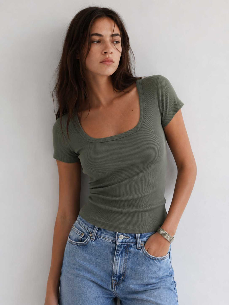 Short Sleeve U-Neck Ribbed Top – Olive Basic Top CIZARO - Cizaro Jeans