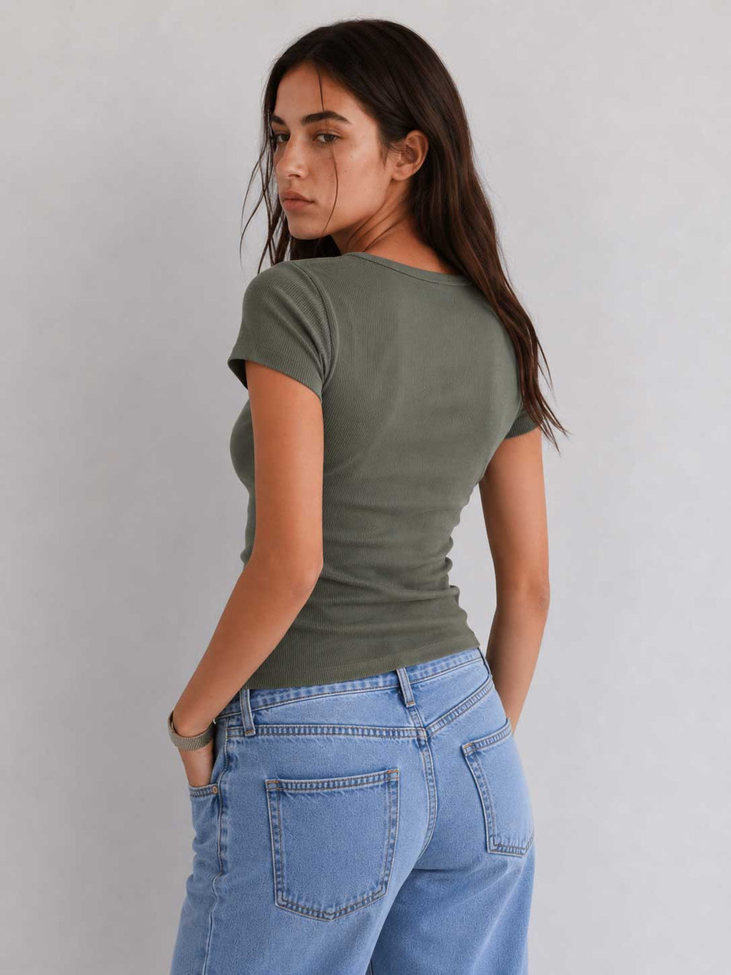 Short Sleeve U-Neck Ribbed Top – Olive