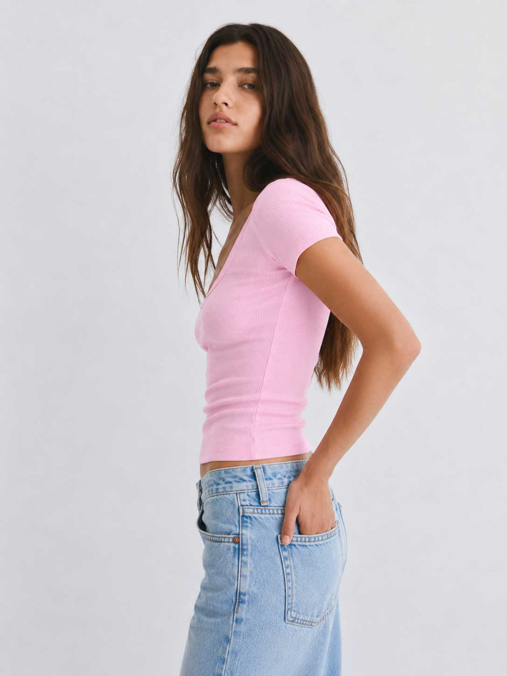 Short Sleeve U-Neck Ribbed Top – Pink