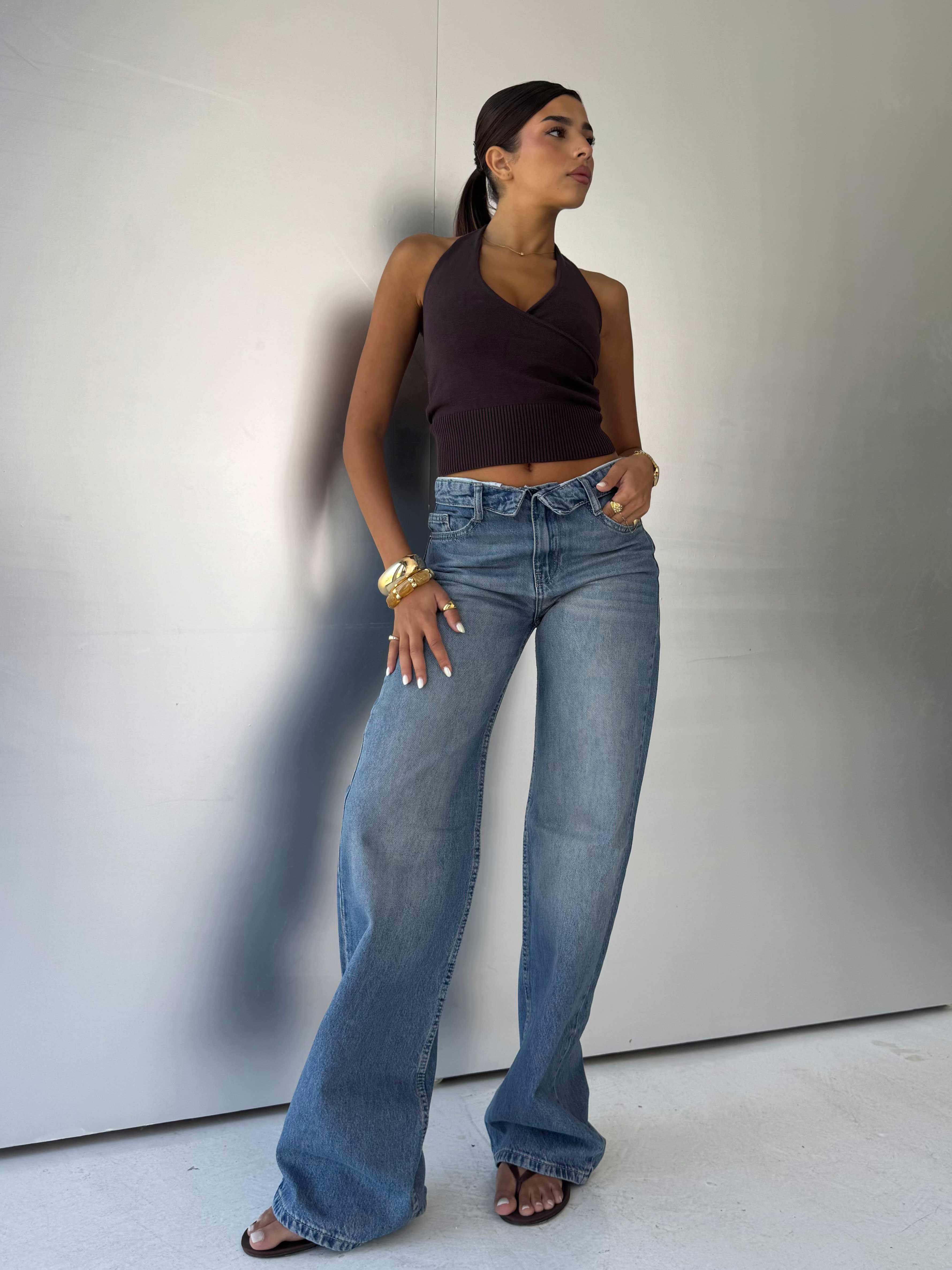 Folded Waistband Baggy – Low-Waist Light Vintage Blue Jeans Baggy CIZARO - Cizaro Jeans