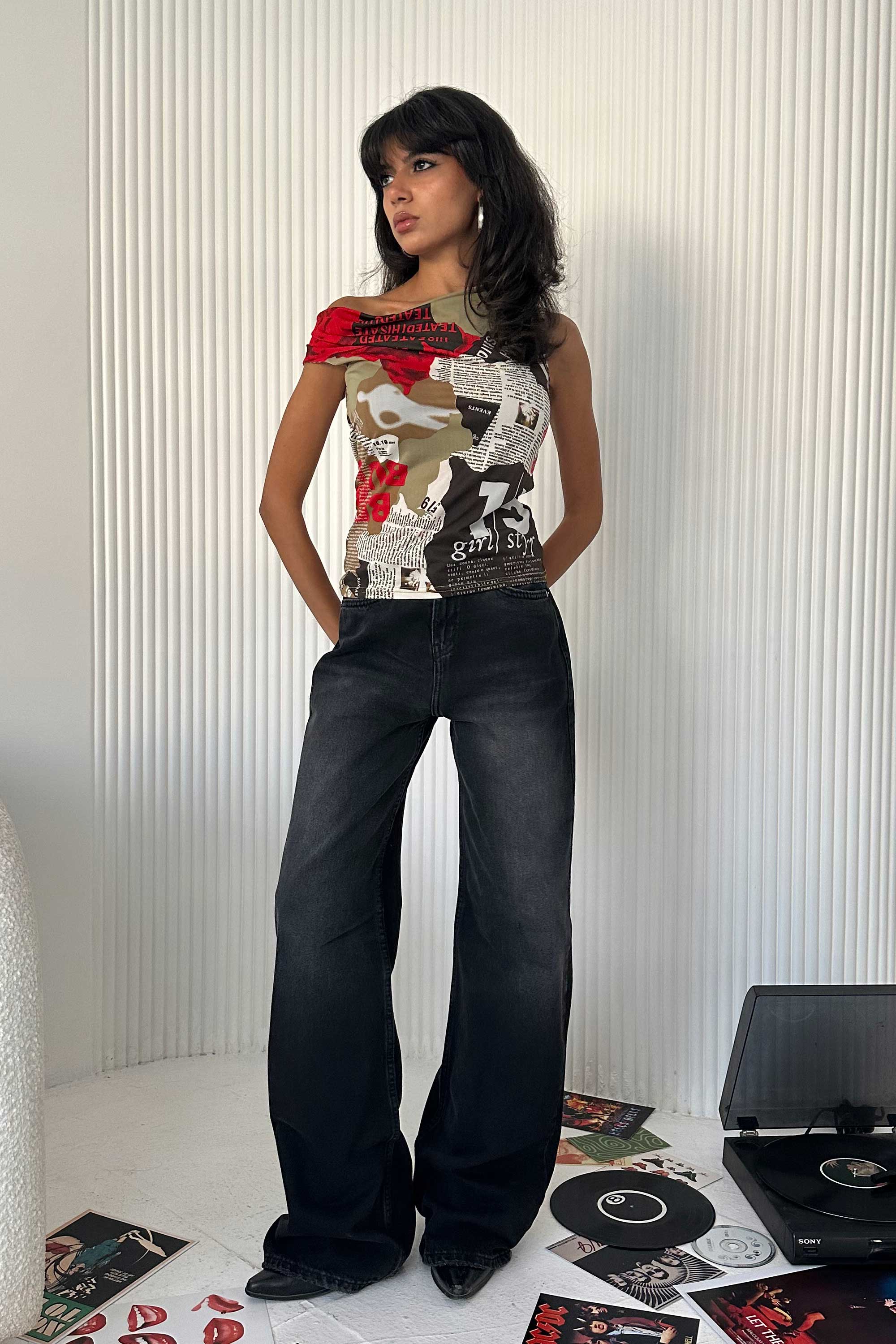 Baggy - Low-Waist Faded Washed Black Jeans