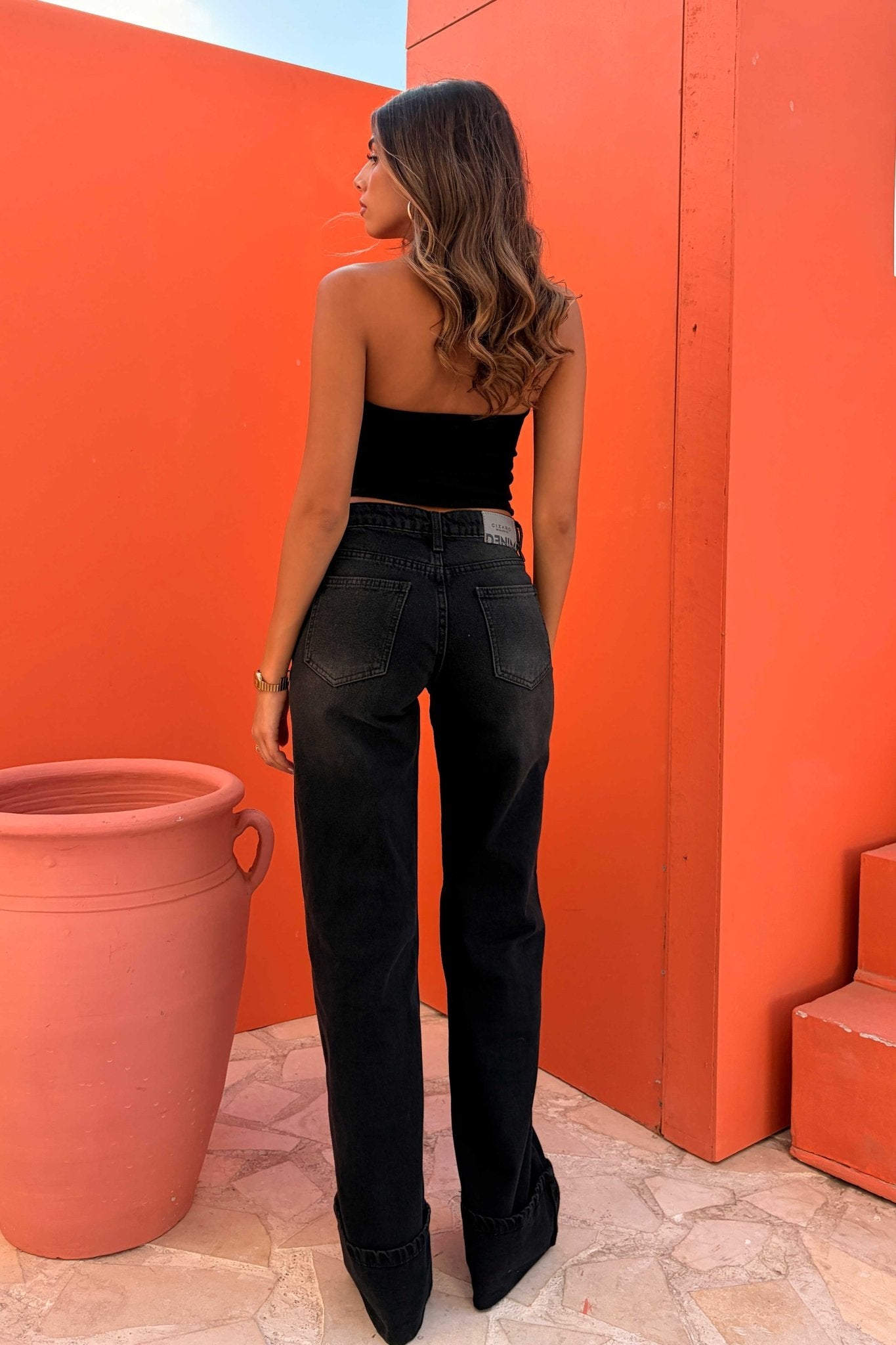 Baggy – Low Waist Folded Hem Washed Black Jeans baggy CIZARO - Cizaro Jeans