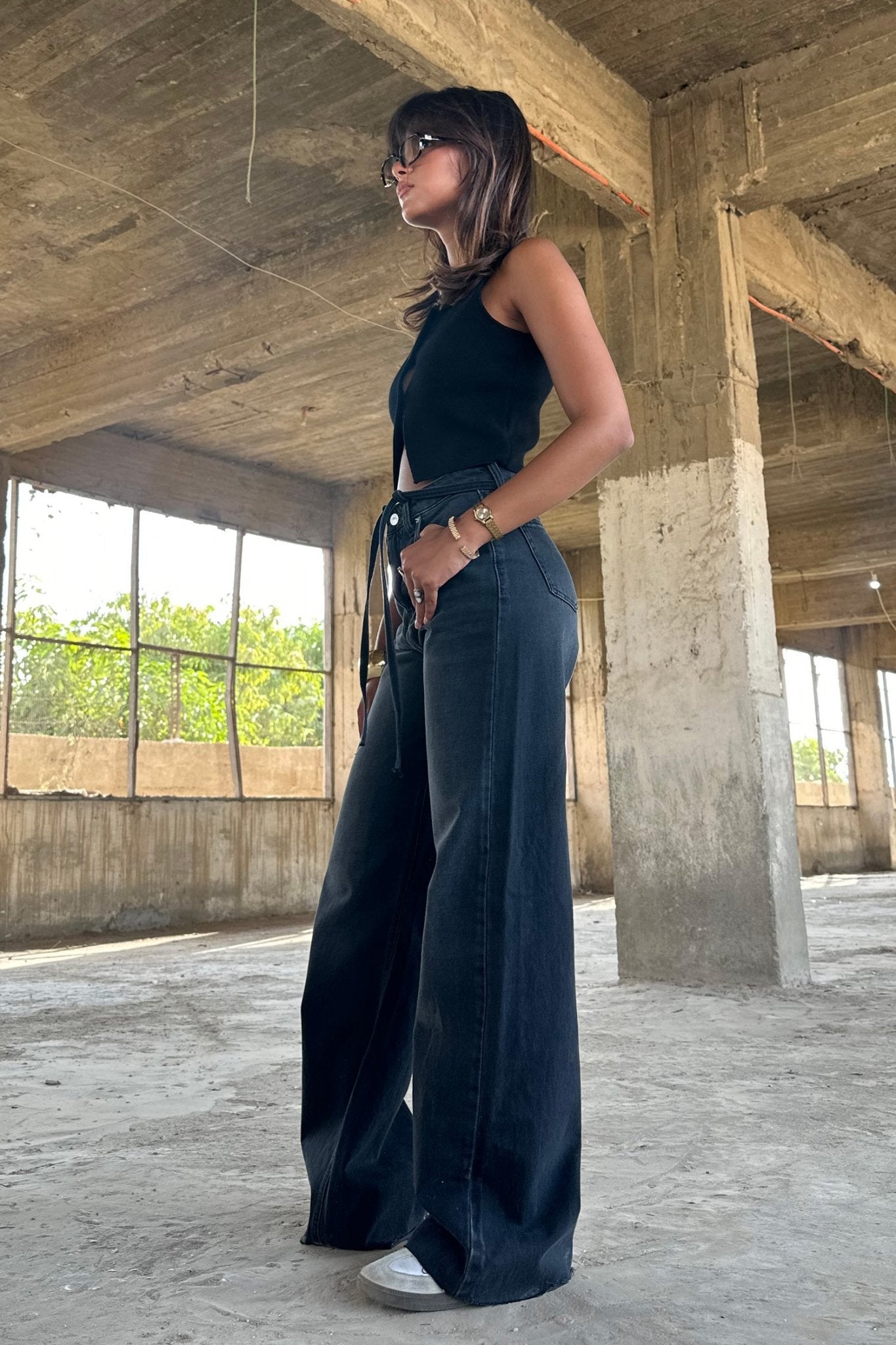 Midnight Black Tie - High-Waist Belted Super Baggy Jeans baggy CIZARO - Cizaro Jeans