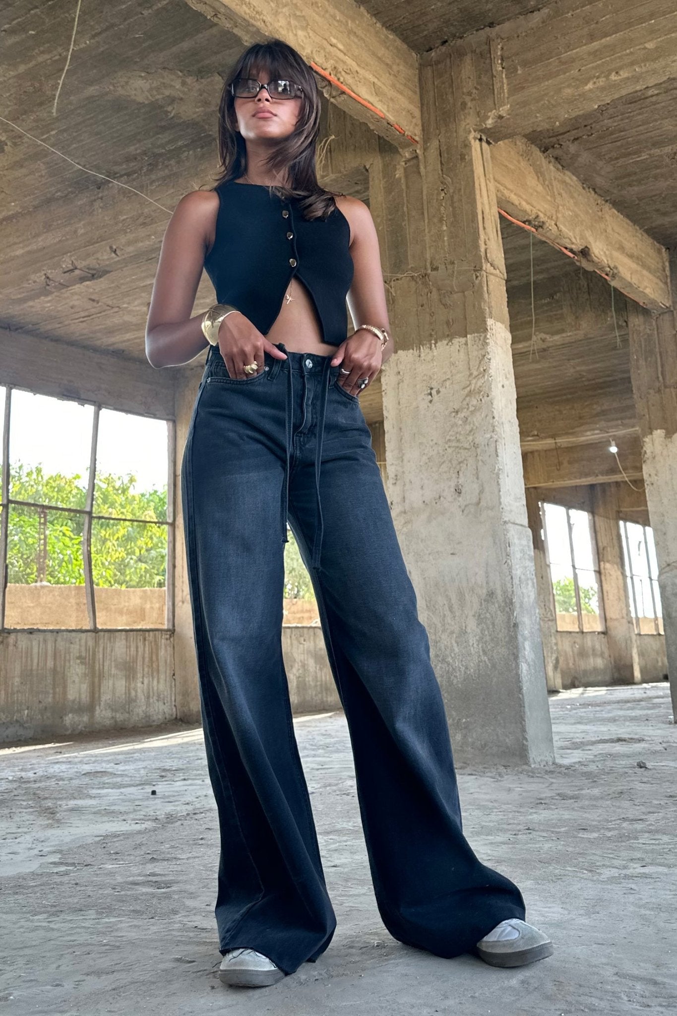 Midnight Black Tie - High-Waist Belted Super Baggy Jeans baggy CIZARO - Cizaro Jeans