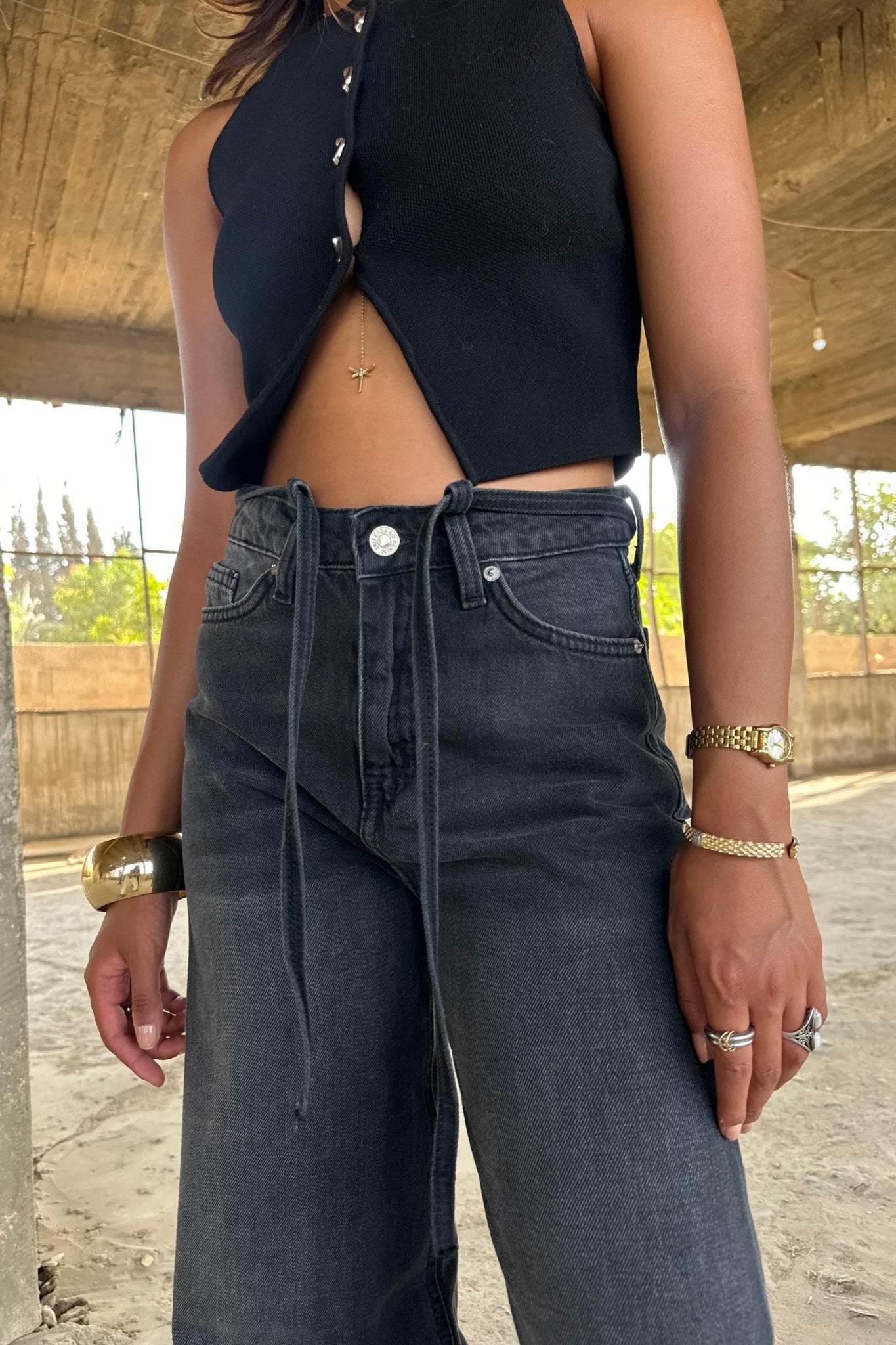 Midnight Black Tie - High-Waist Belted Super Baggy Jeans baggy CIZARO - Cizaro Jeans