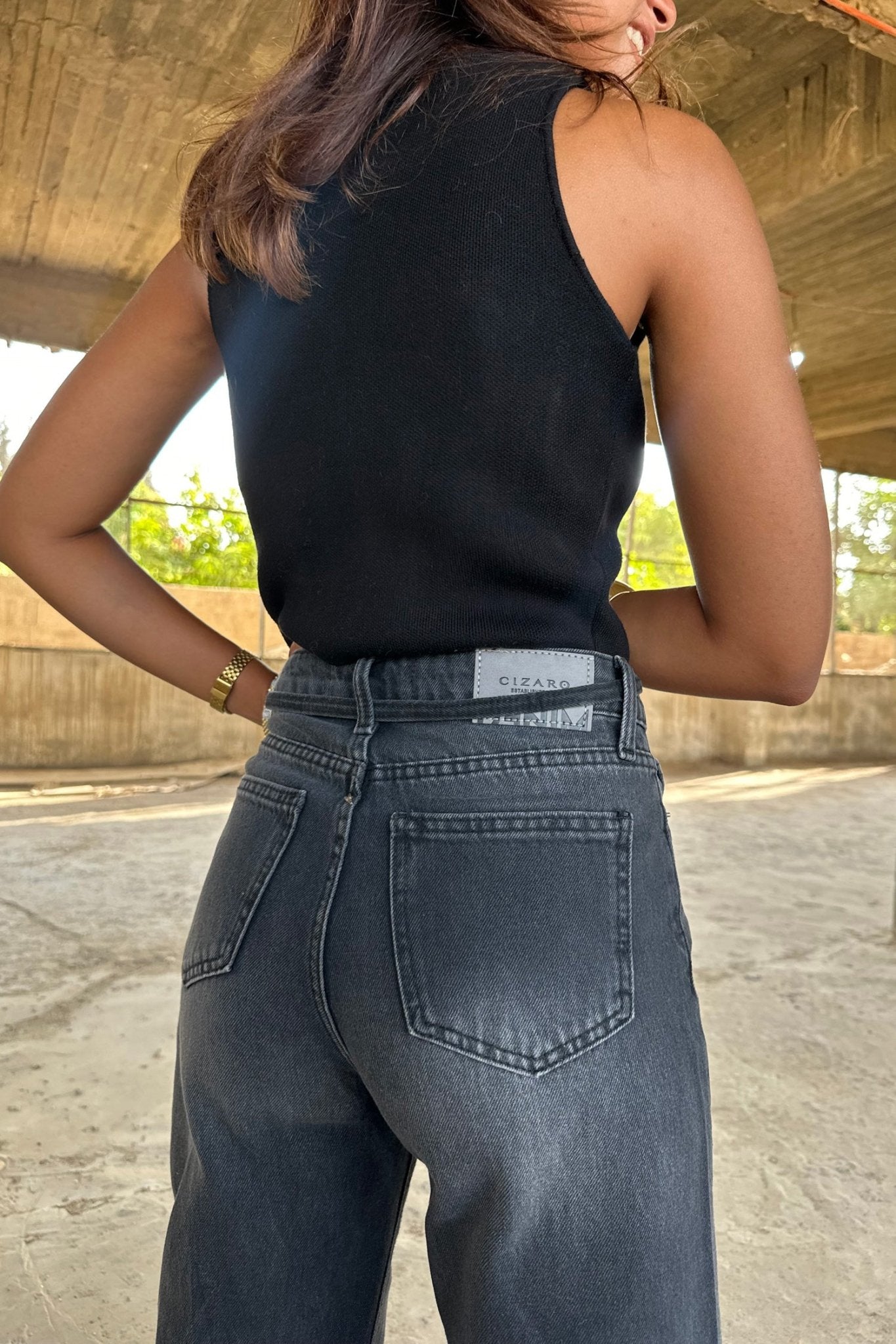 Midnight Black Tie - High-Waist Belted Super Baggy Jeans baggy CIZARO - Cizaro Jeans