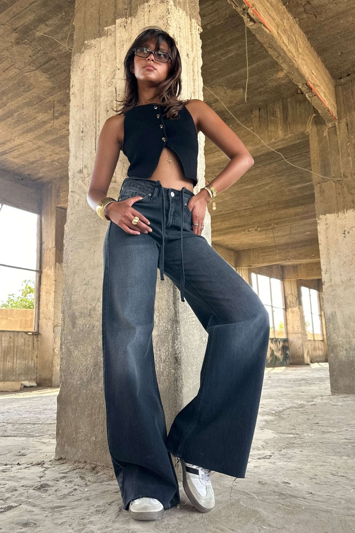 Midnight Black Tie - High-Waist Belted Super Baggy Jeans baggy CIZARO - Cizaro Jeans