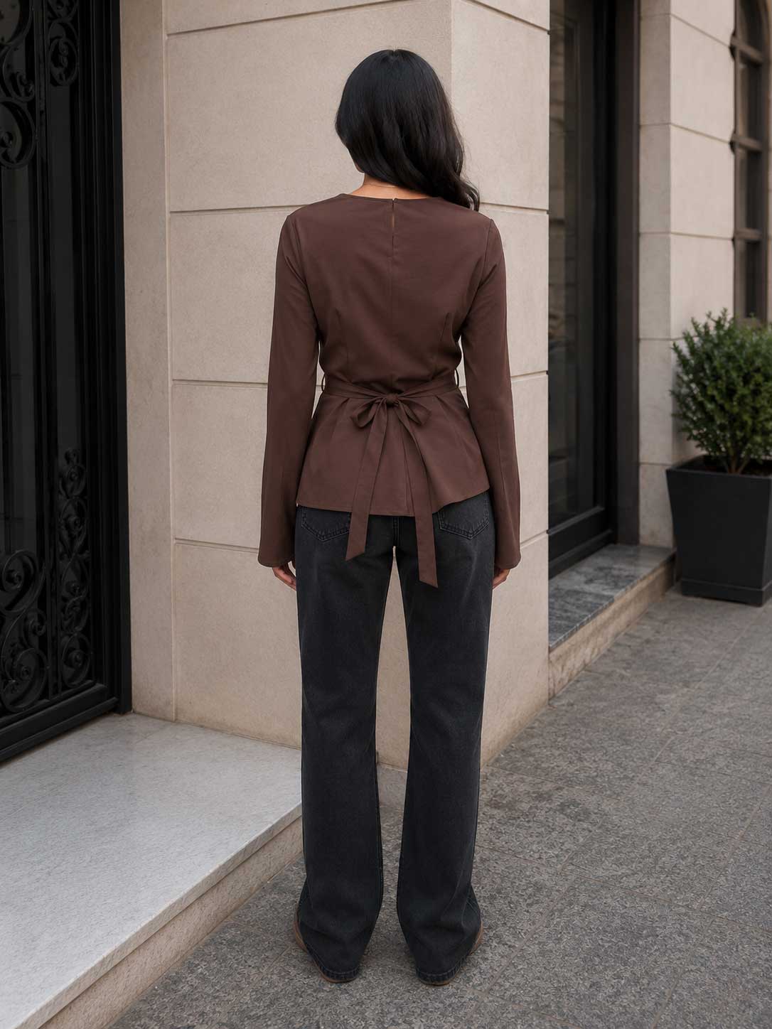 Back-Tie Flare Sleeve Blouse – Brown Blouse CIZARO - Cizaro Jeans