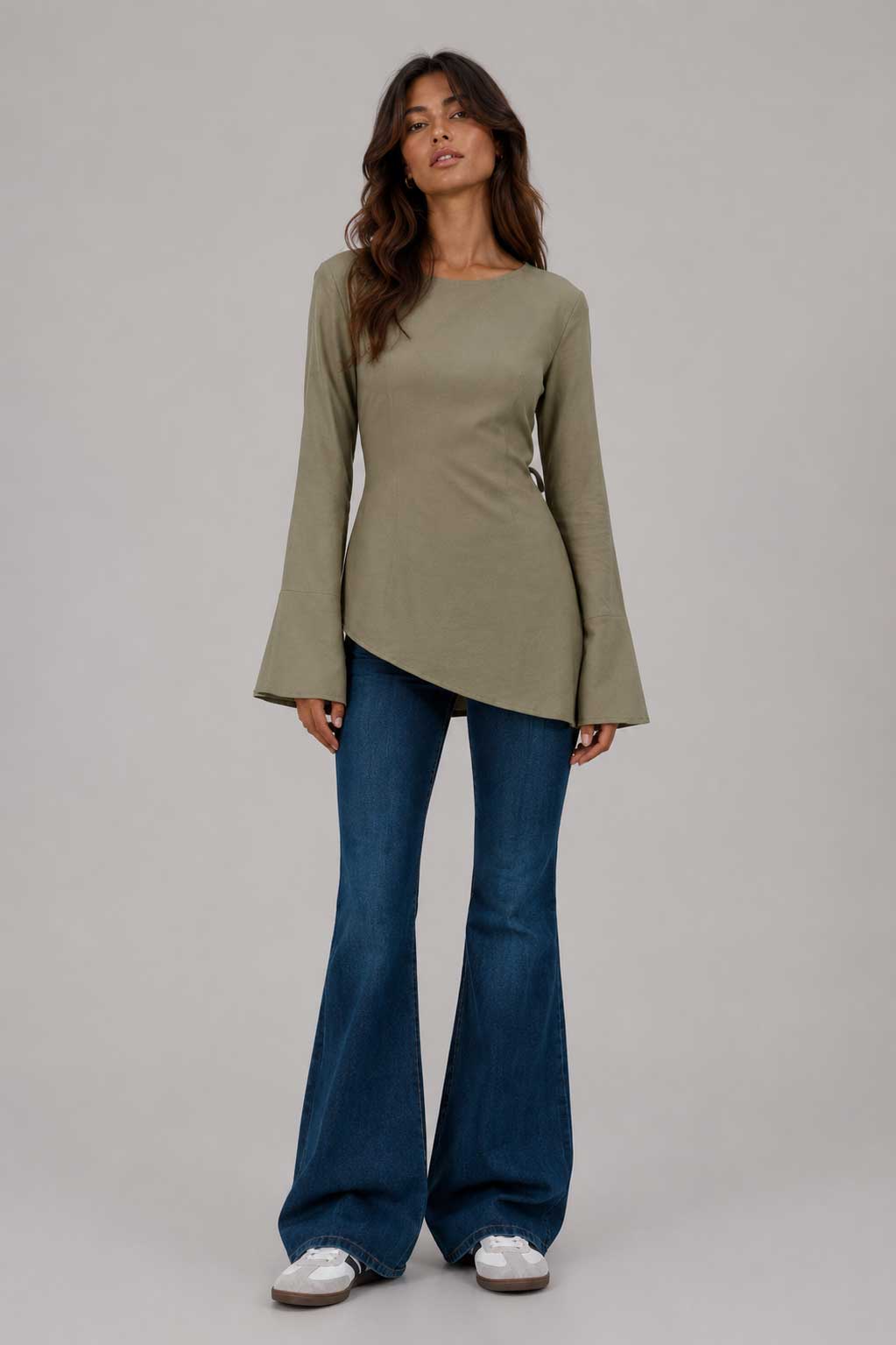 Back-Tie Flare Sleeve Blouse | Olive Blouse CIZARO - Cizaro Jeans