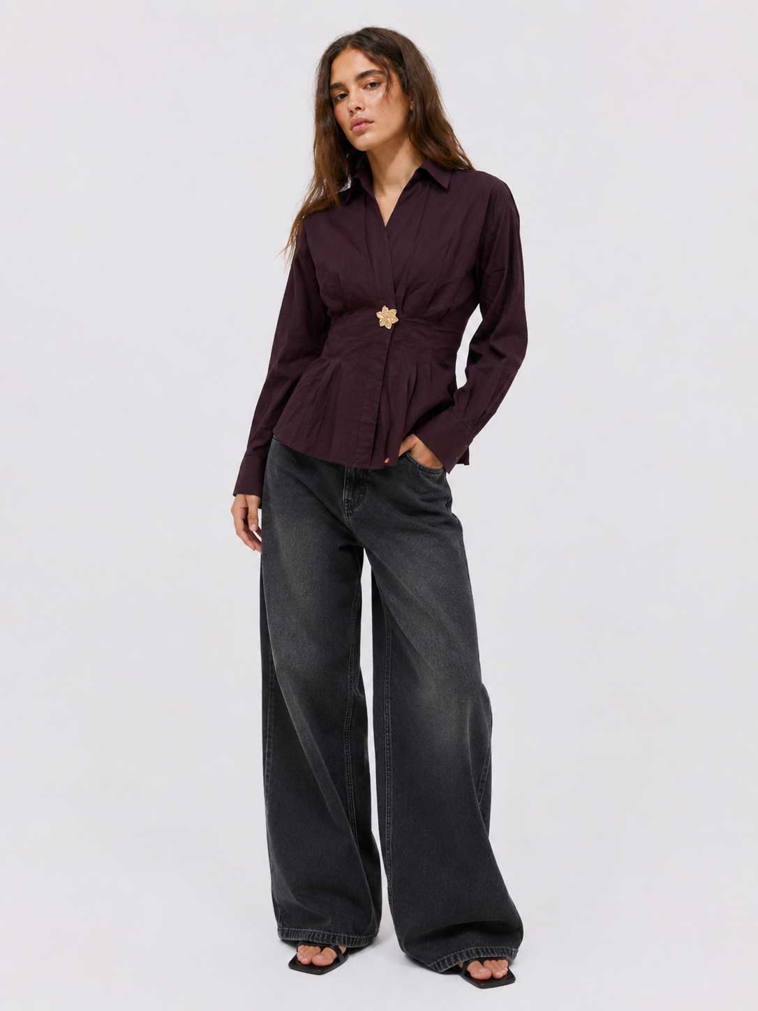 Pleated Waist Linen Blouse – Burgundy