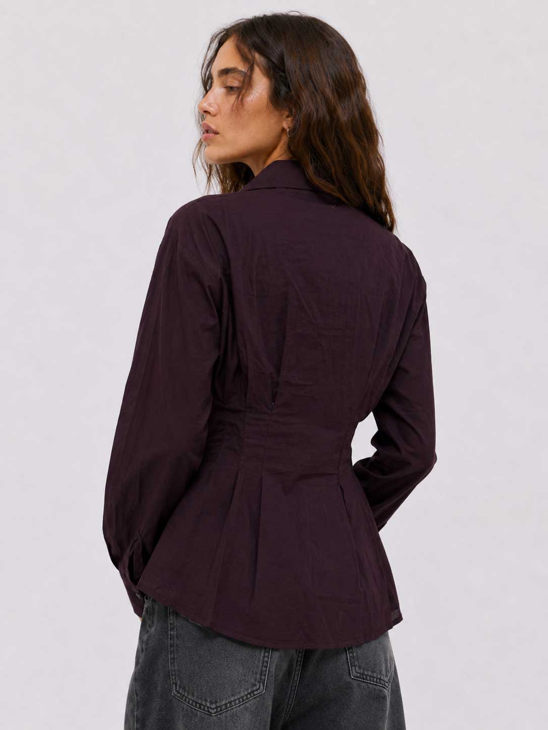 Pleated Waist Linen Blouse – Burgundy