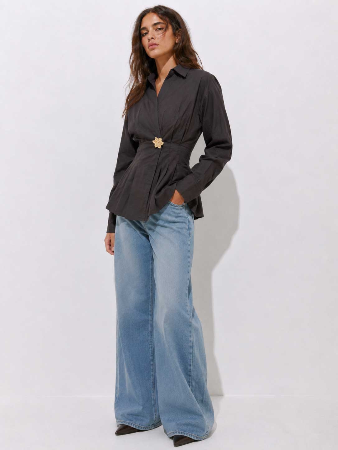 Pleated Waist Linen Blouse – Dark Chocolate