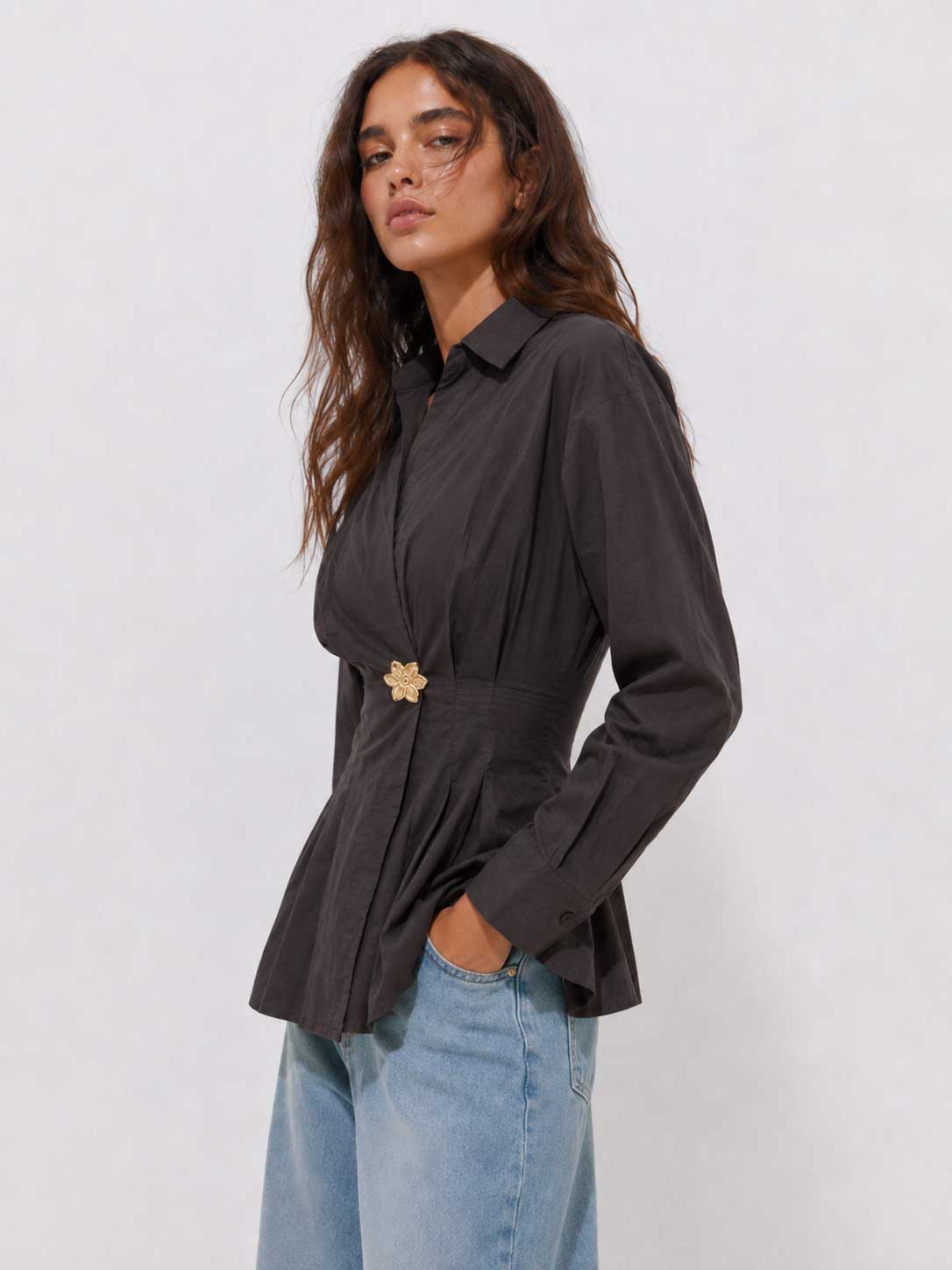 Pleated Waist Linen Blouse – Dark Chocolate