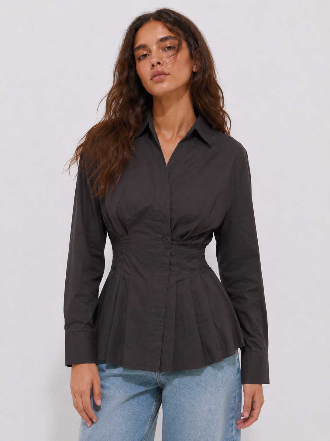 Pleated Waist Linen Blouse – Dark Chocolate