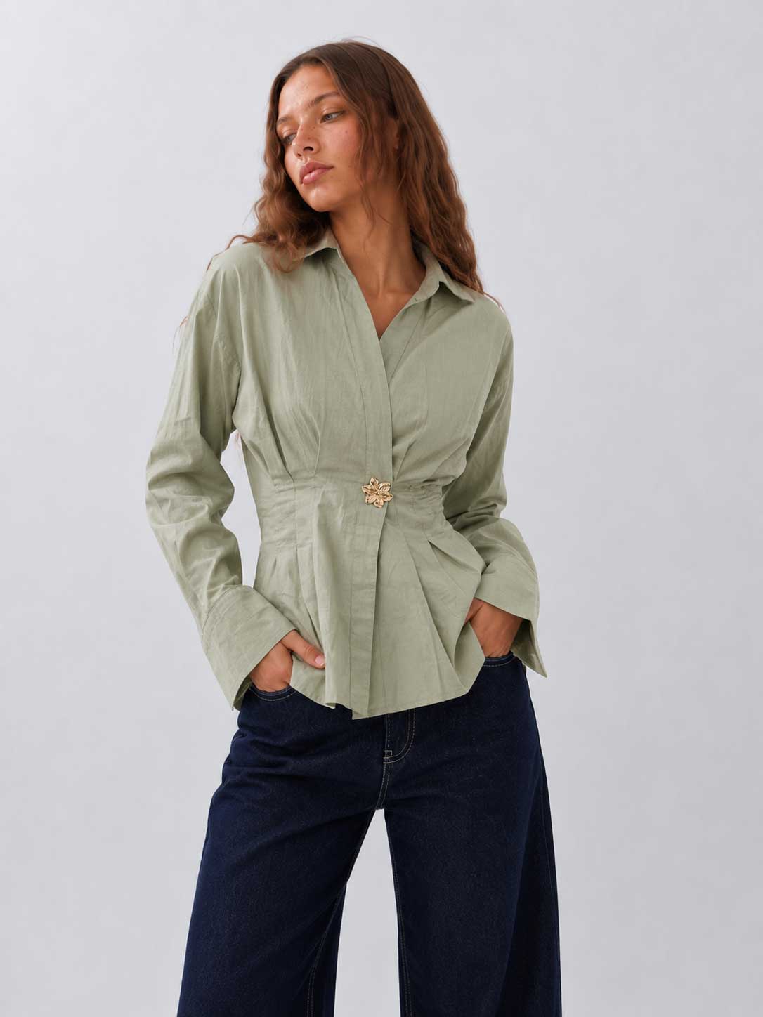 Pleated Waist Linen Blouse pastel blue