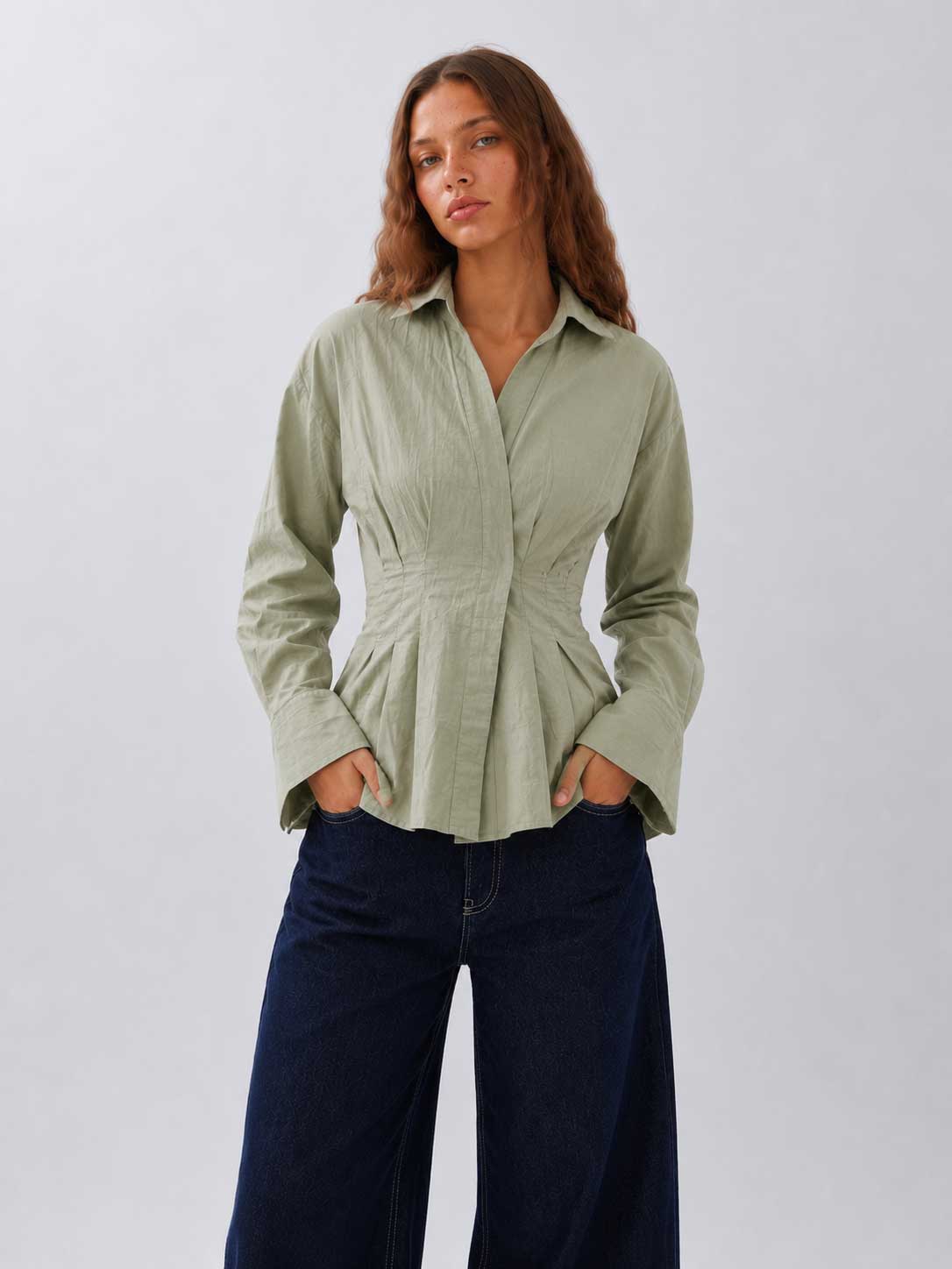 Pleated Waist Linen Blouse pastel blue