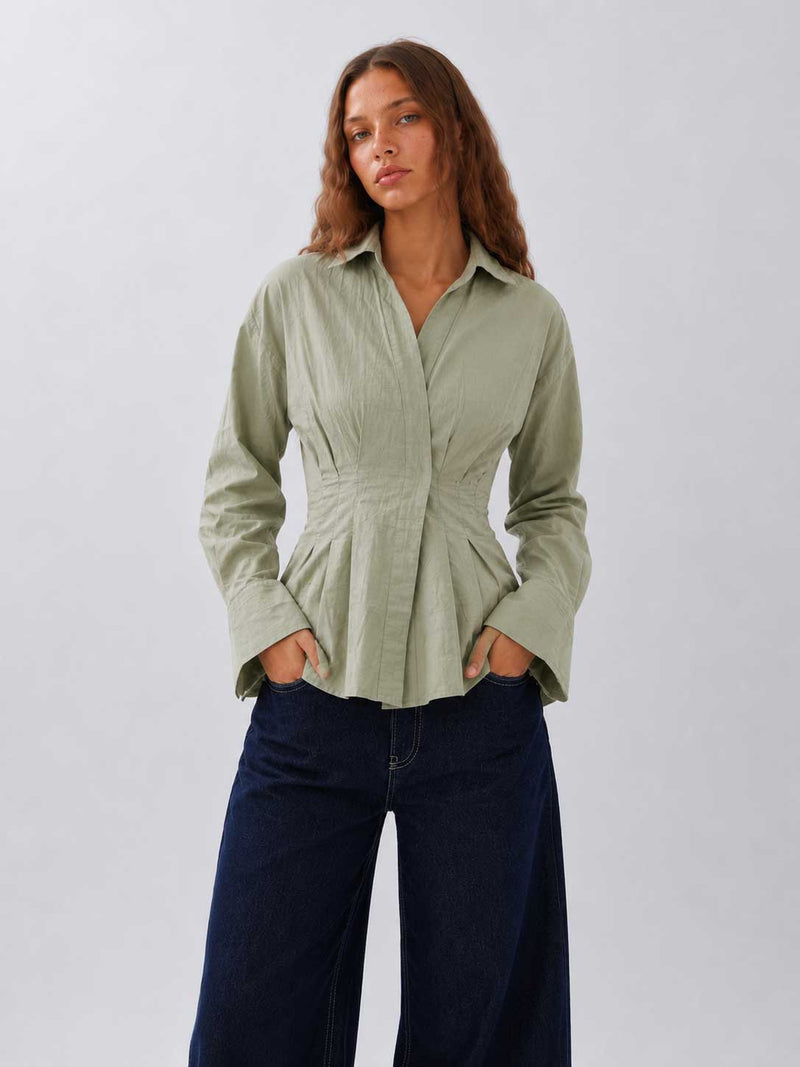 Pleated Waist Linen Blouse pastel blue Blouse CIZARO - Cizaro Jeans