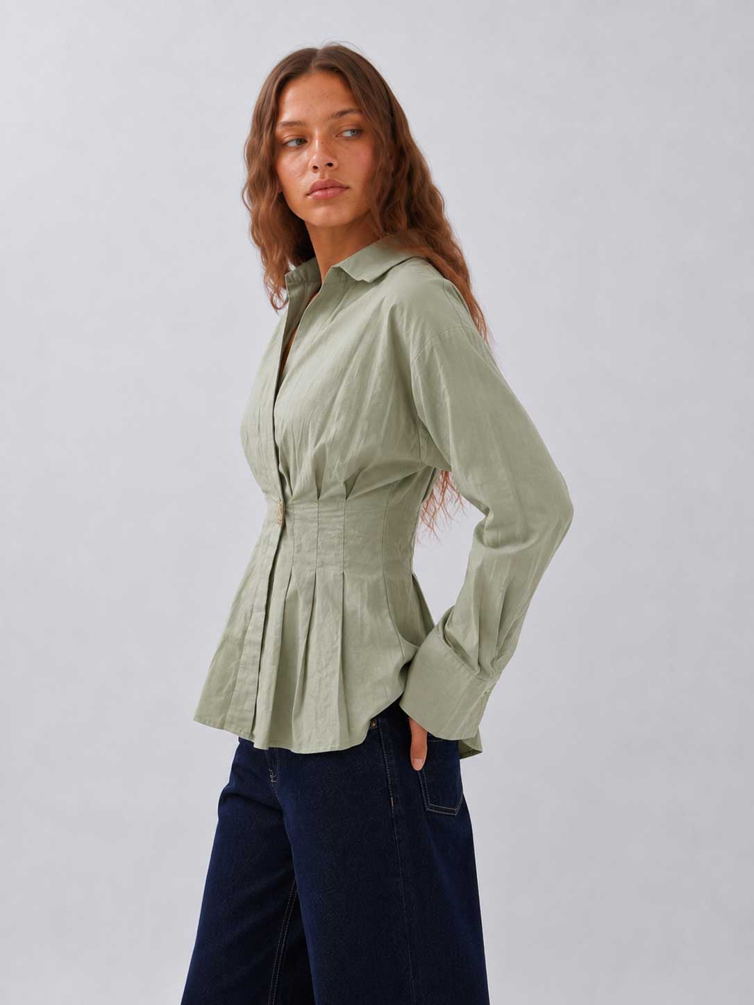Pleated Waist Linen Blouse pastel blue