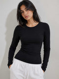 Double-Layer Fitted Long Sleeve Crew Neck Top – Black